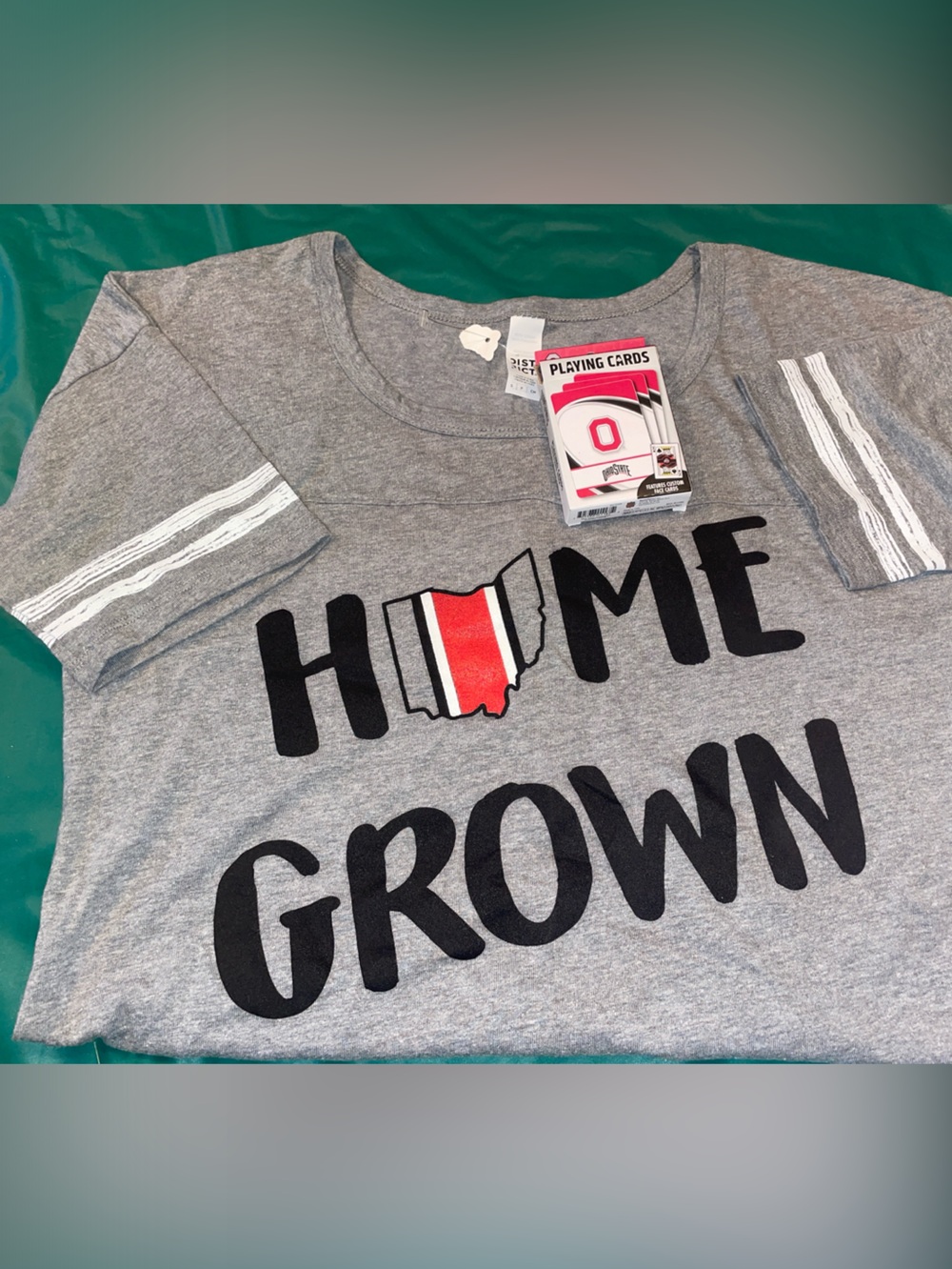 Gray Short-Sleeve Tee with Black 'HOME GROWN' and Red Ohio Accent & OSU cards